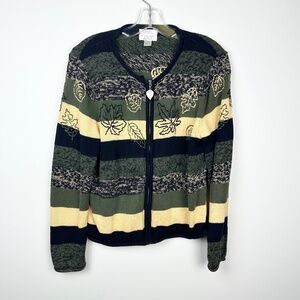 Vintage Christopher & Banks Hand Embroidered Fall Leaves Striped Zip Cardigan S